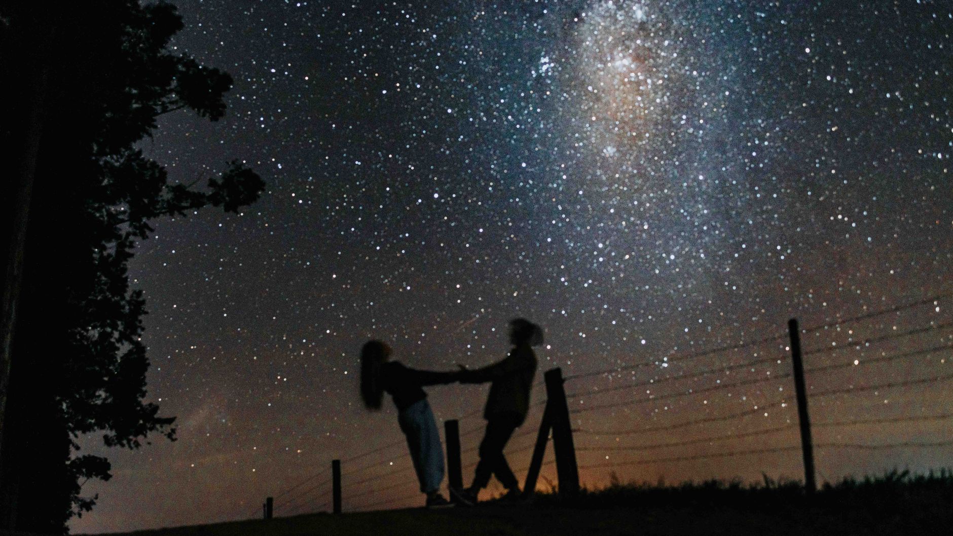 Silhouetted couple holding hands under a starry Milky Way sk