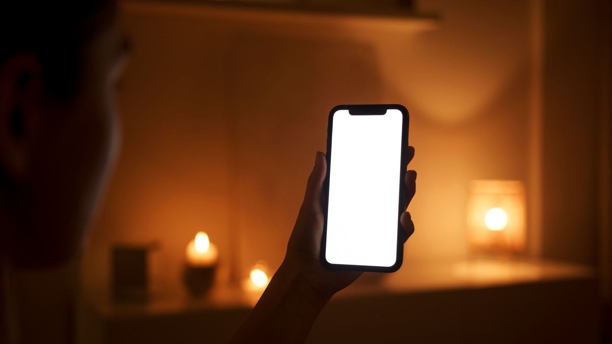 部屋でスマートフォンを手に取る様子